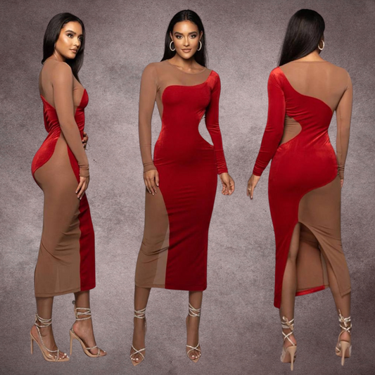 Sheer velvet midi dress (red)